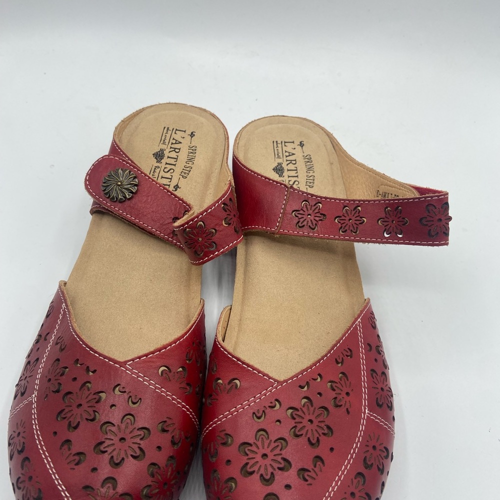 Spring Step Red Mules with Perforated Leather Design - Picture 2 of 15